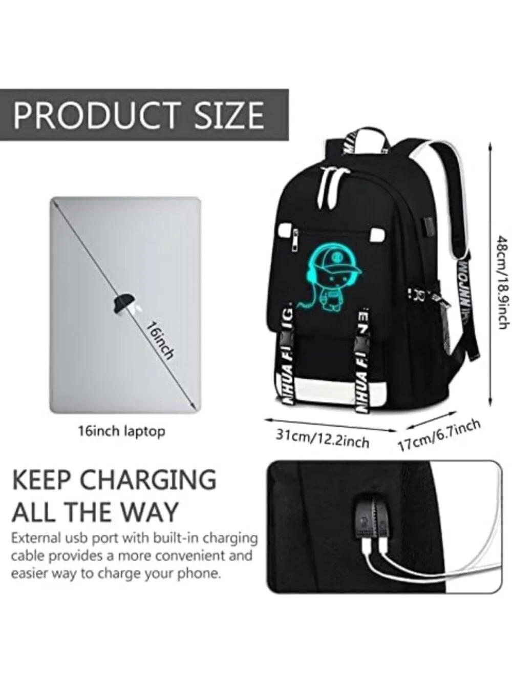 Anime Print School Backpack for Boys & Teens - Large Reflective Daypack with USB